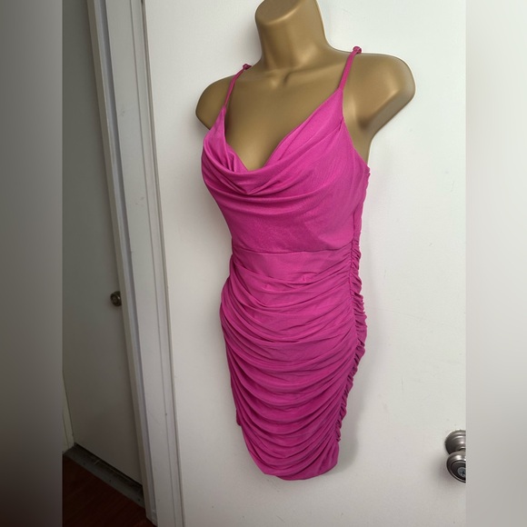 Hello Molly Hot Pink Adjustable Spaghetti Strap Mesh Overlay Ruched Mini Dress 8 - Picture 4 of 15